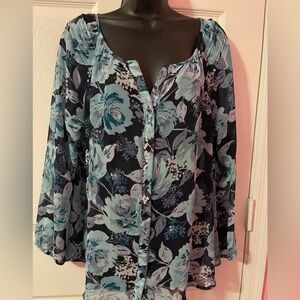 Croft & Barrow Blue Floral Print Long Sleeve Sheer Buttoned Blouse Size L